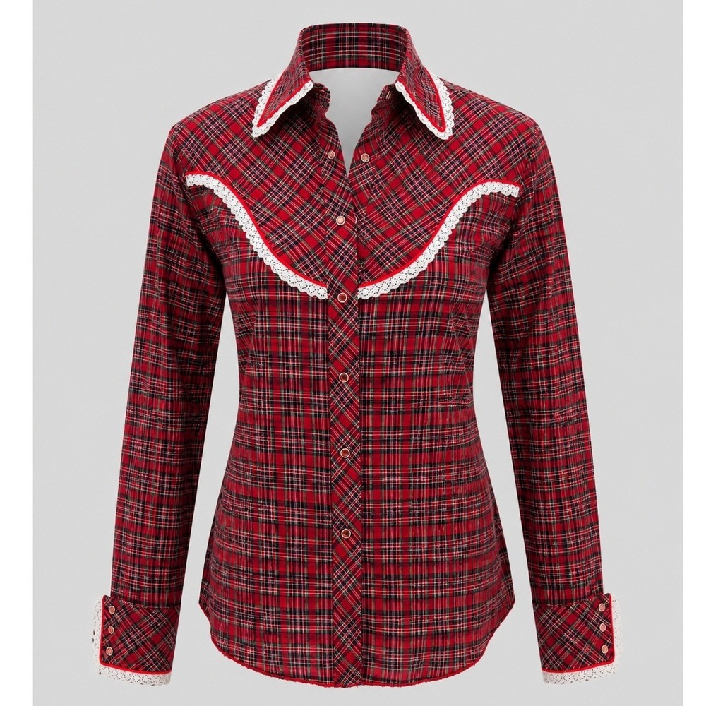 Vintage Jess Western Wear Plaid Lace Snap Shirt Womens 9/10 Cowgirl USA